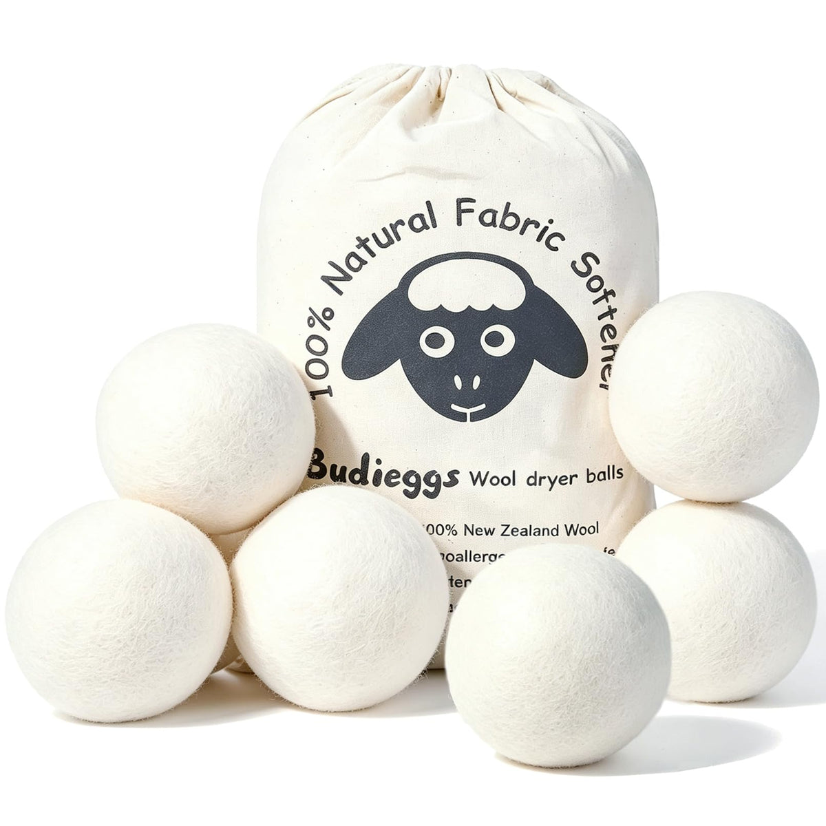 Budieggs Wool Dryer Balls Organic XL 6-Pack, 100% New Zealand Wool Chemical Free Fabric Softener for 1000+ Loads, Baby Safe & Hypoallergenic, Fabrics Soft and Fluffy Naturally 🍁 All In One Marketplace Canada