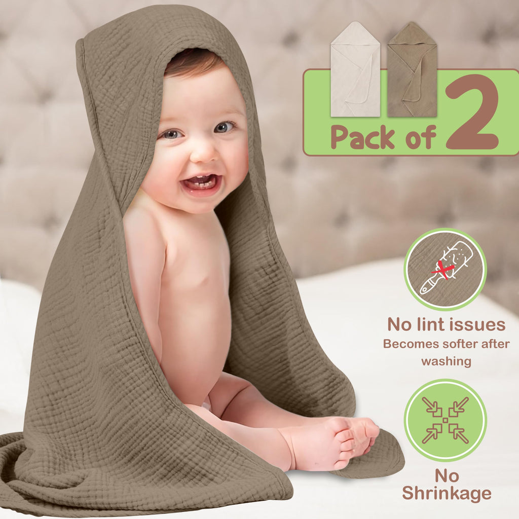 100% Organic Cotton Muslin Hooded Baby Towels 2 Pack