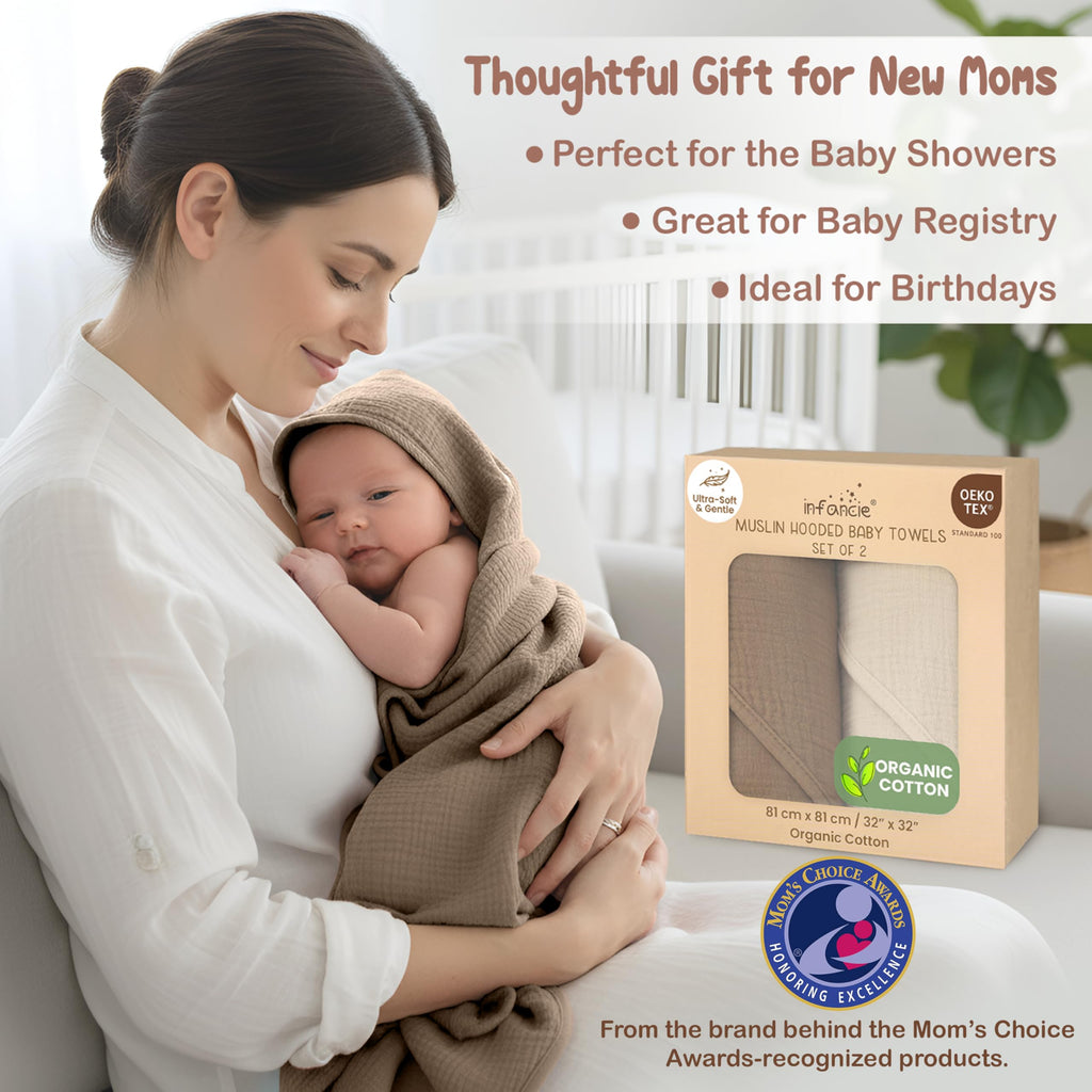 100% Organic Cotton Muslin Hooded Baby Towels 2 Pack