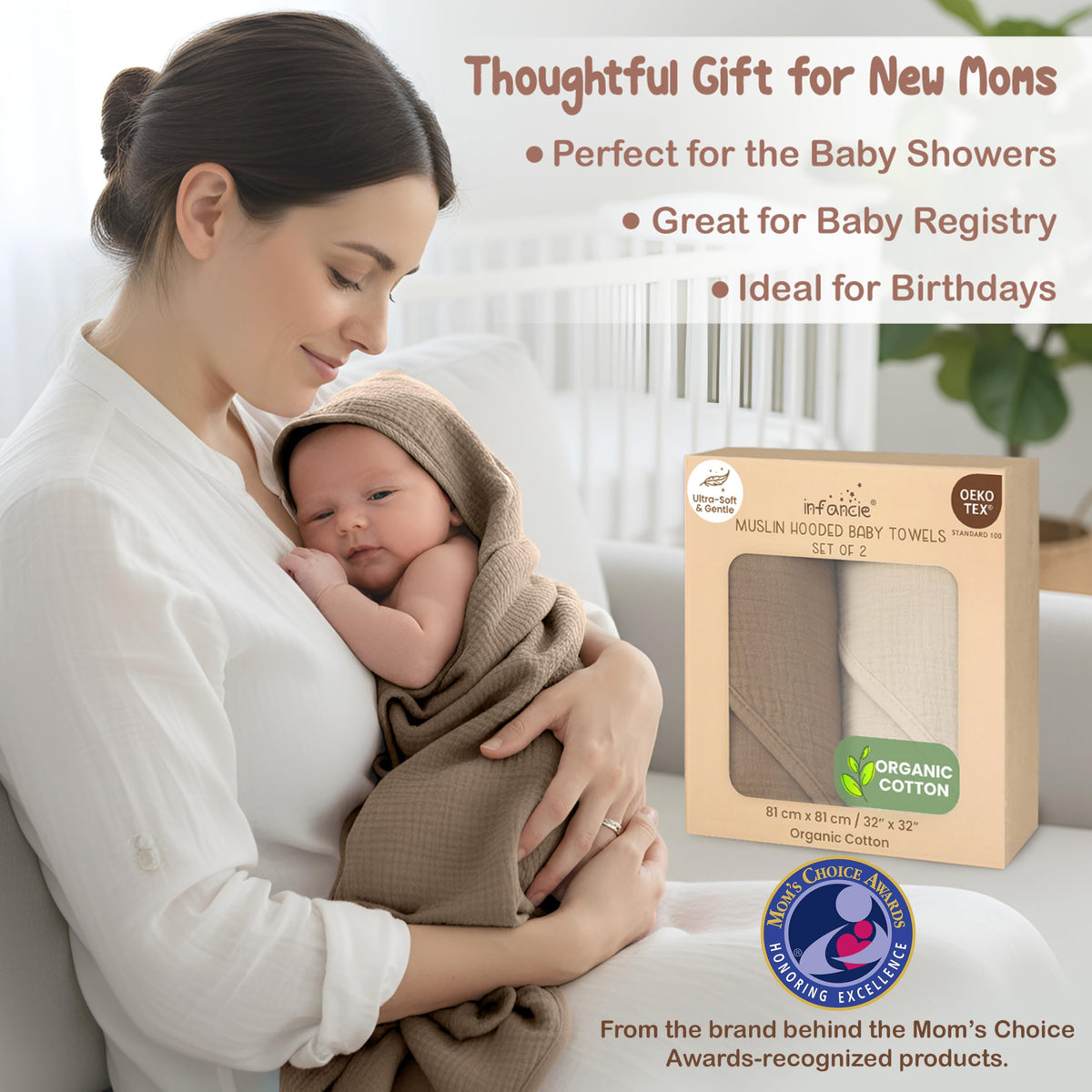 100% Organic Cotton Muslin Hooded Baby Towels 2 Pack