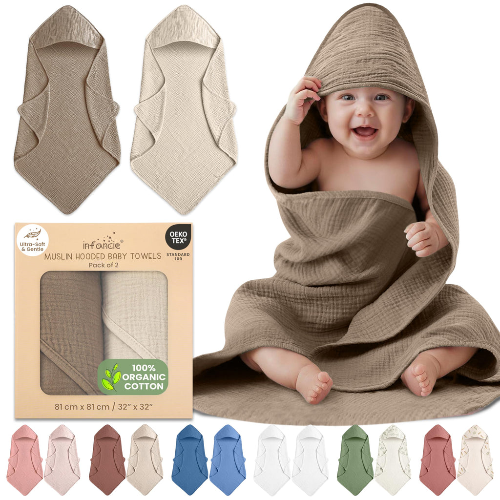 100% Organic Cotton Muslin Hooded Baby Towels 2 Pack